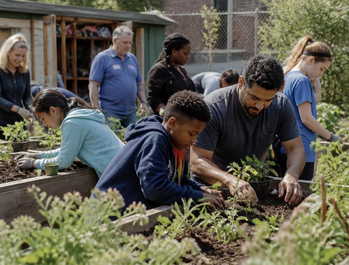 Students and adult volunteers of different ages planting seedlings together in a raised-bed community garden