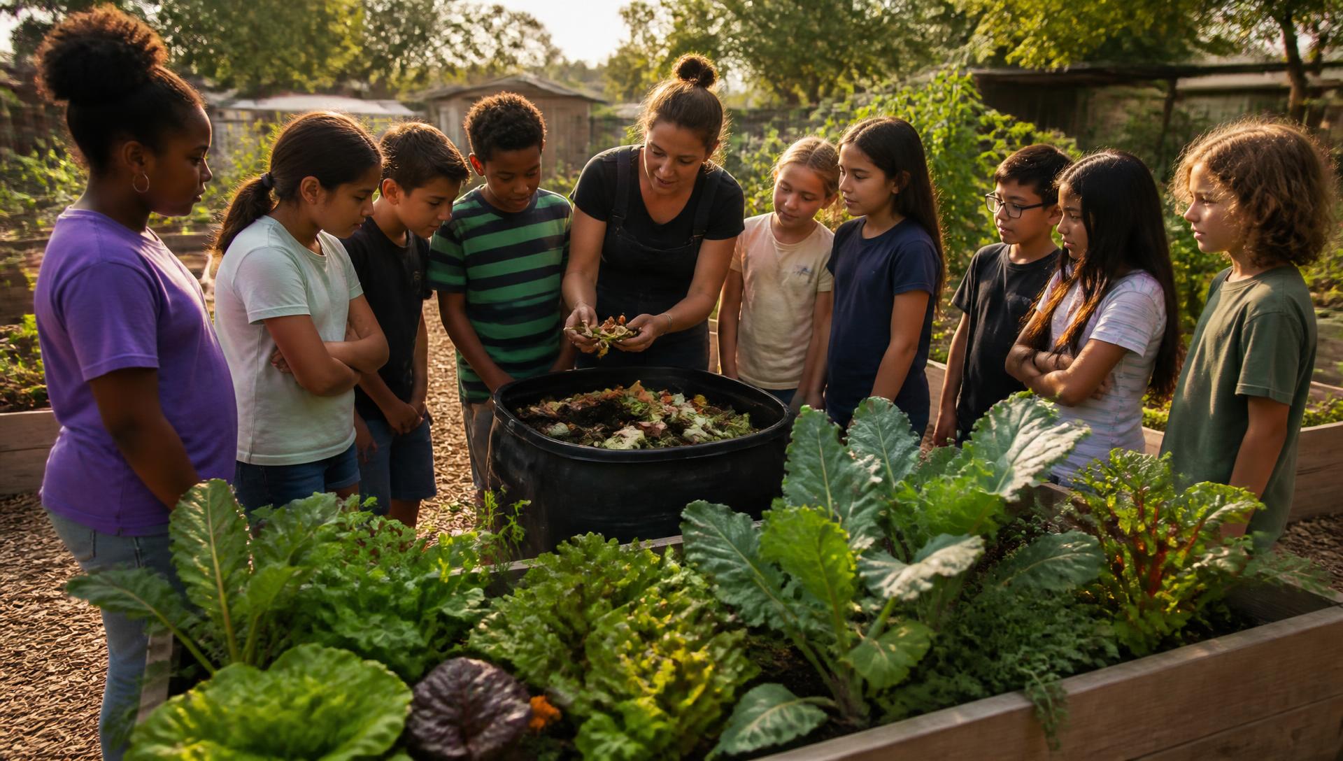 Students and a teacher gathered around a compost bin in a school garden